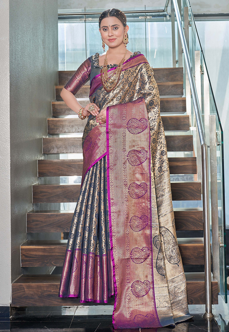 Navy Blue Kanchipuram Silk Jaal Traditional Rich Zari Woven Saree