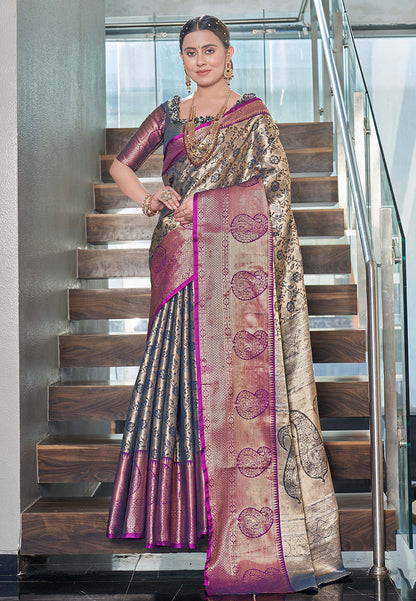 Navy Blue Kanchipuram Silk Jaal Traditional Rich Zari Woven Saree