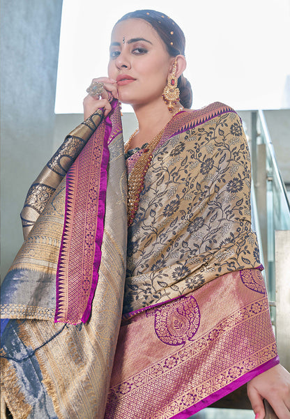 Navy Blue Kanchipuram Silk Jaal Traditional Rich Zari Woven Saree