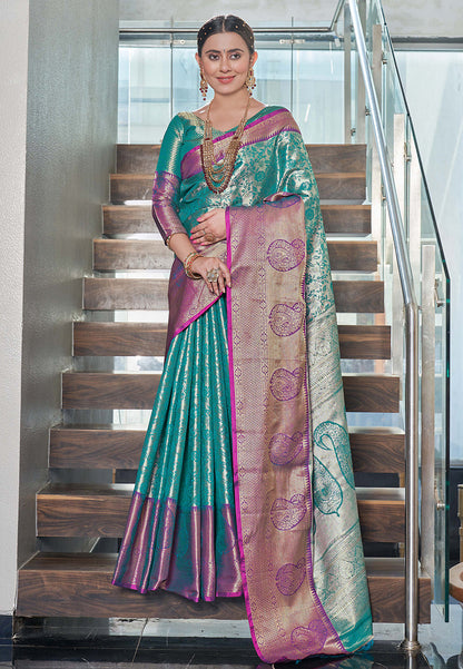 Greenish Blue Kanchipuram Silk Jaal Traditional Rich Zari Woven Saree