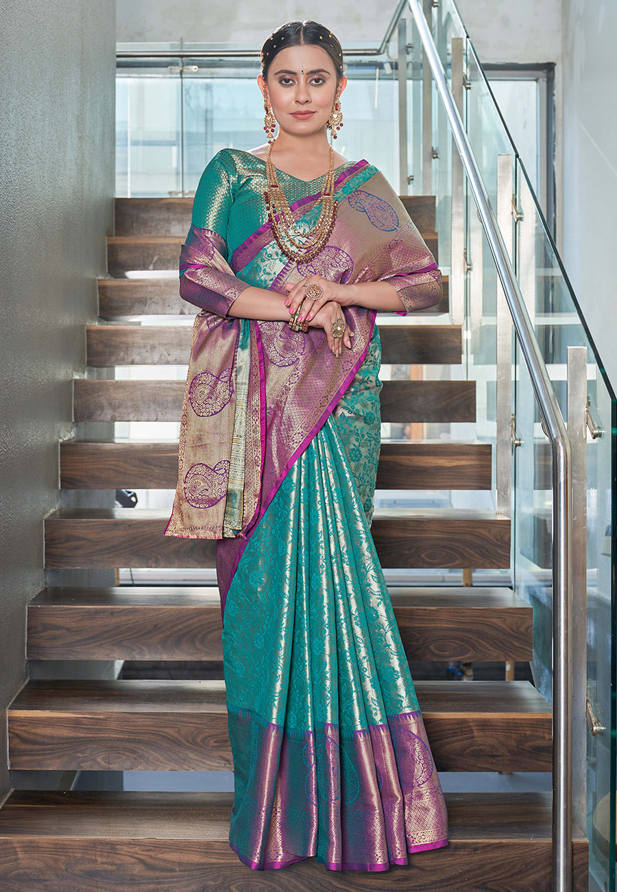 Greenish Blue Kanchipuram Silk Jaal Traditional Rich Zari Woven Saree