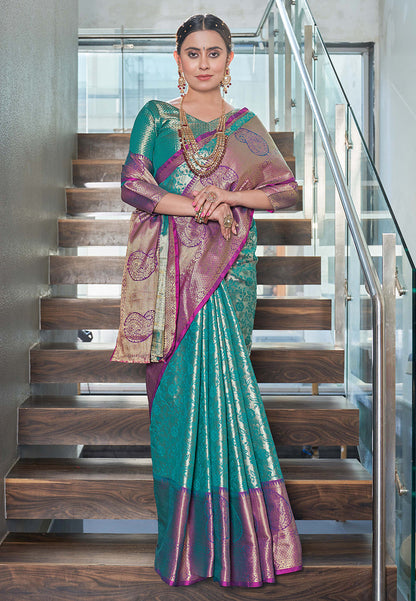 Greenish Blue Kanchipuram Silk Jaal Traditional Rich Zari Woven Saree