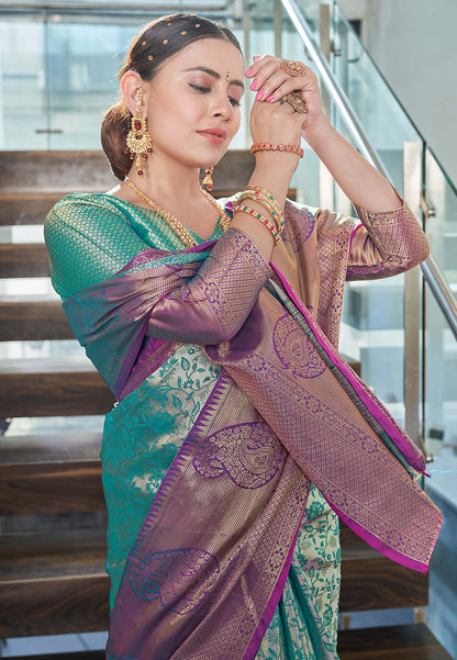 Greenish Blue Kanchipuram Silk Jaal Traditional Rich Zari Woven Saree