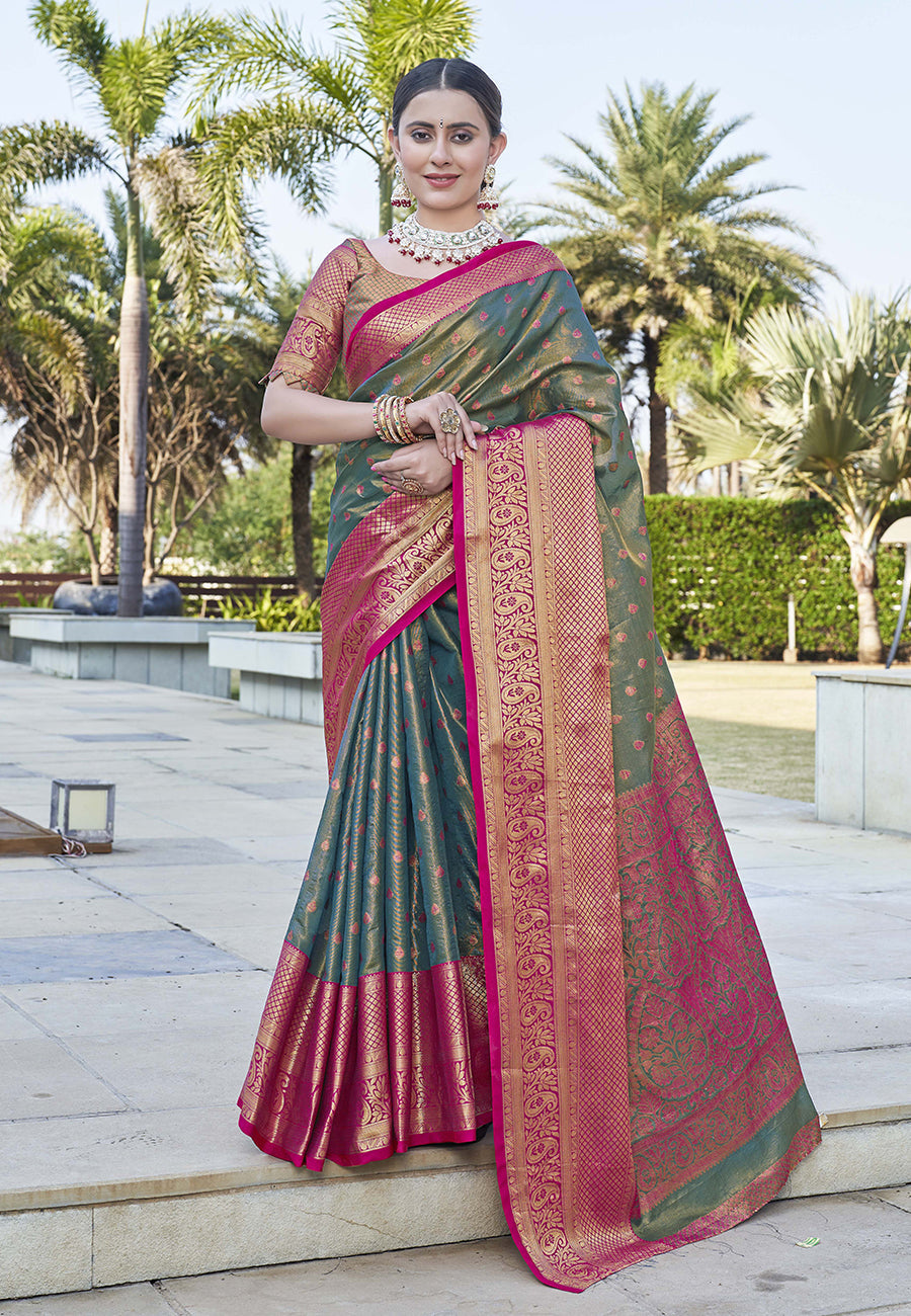 Grey Kanchipuram Tissue Silk Traditional Zari Woven Saree