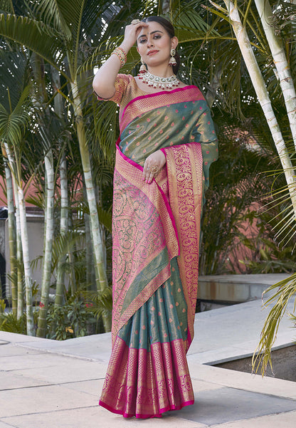 Grey Kanchipuram Tissue Silk Traditional Zari Woven Saree