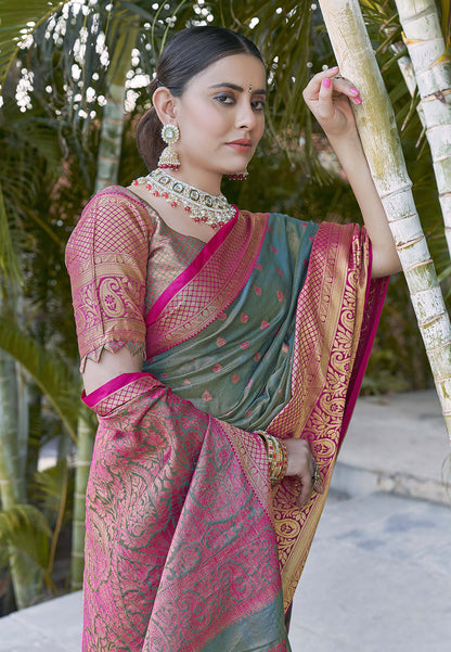 Grey Kanchipuram Tissue Silk Traditional Zari Woven Saree