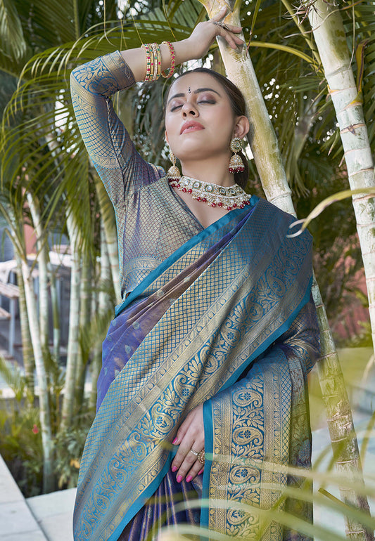 Navy Blue Kanchipuram Tissue Silk Traditional Zari Woven Saree