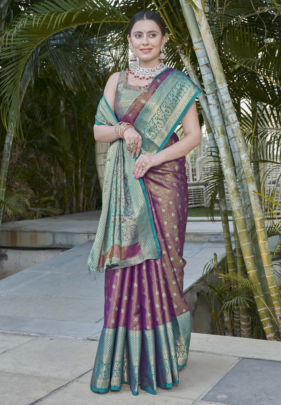 Purple Taupe Kanchipuram Tissue Silk Traditional Zari Woven Saree