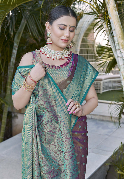 Purple Taupe Kanchipuram Tissue Silk Traditional Zari Woven Saree