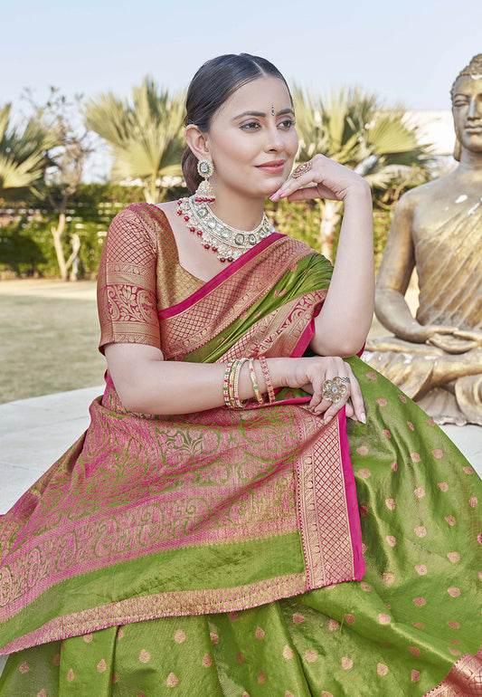 Drab Green Kanchipuram Tissue Silk Traditional Zari Woven Saree