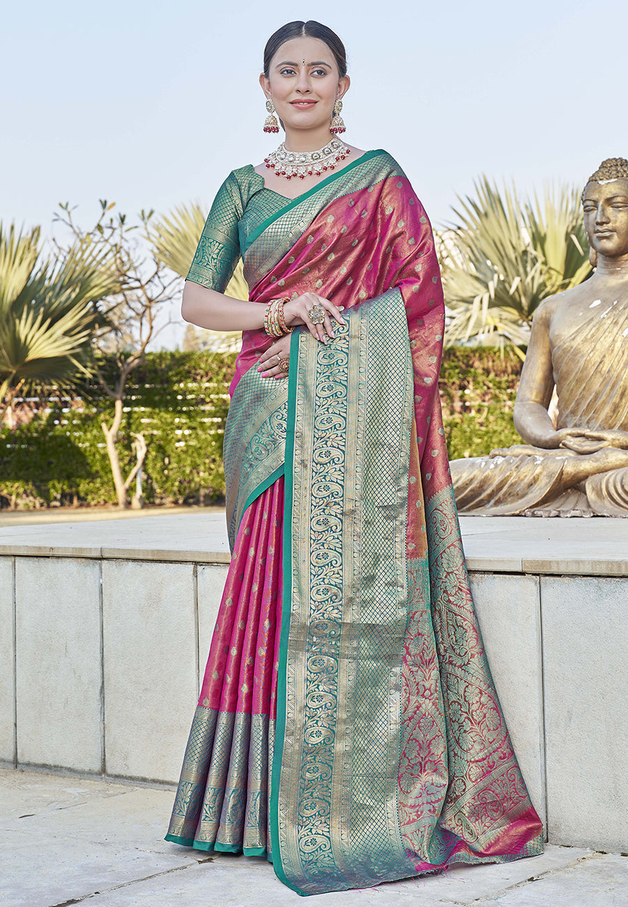 Pink Kanchipuram Tissue Silk Traditional Zari Woven Saree