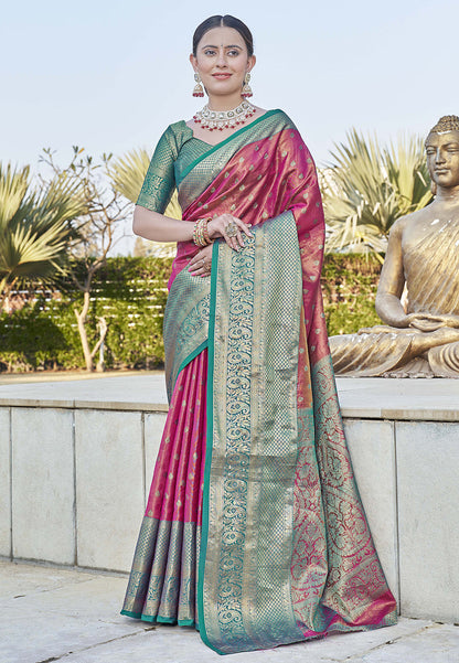 Pink Kanchipuram Tissue Silk Traditional Zari Woven Saree