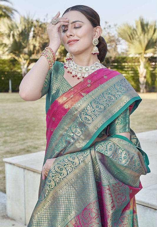 Pink Kanchipuram Tissue Silk Traditional Zari Woven Saree