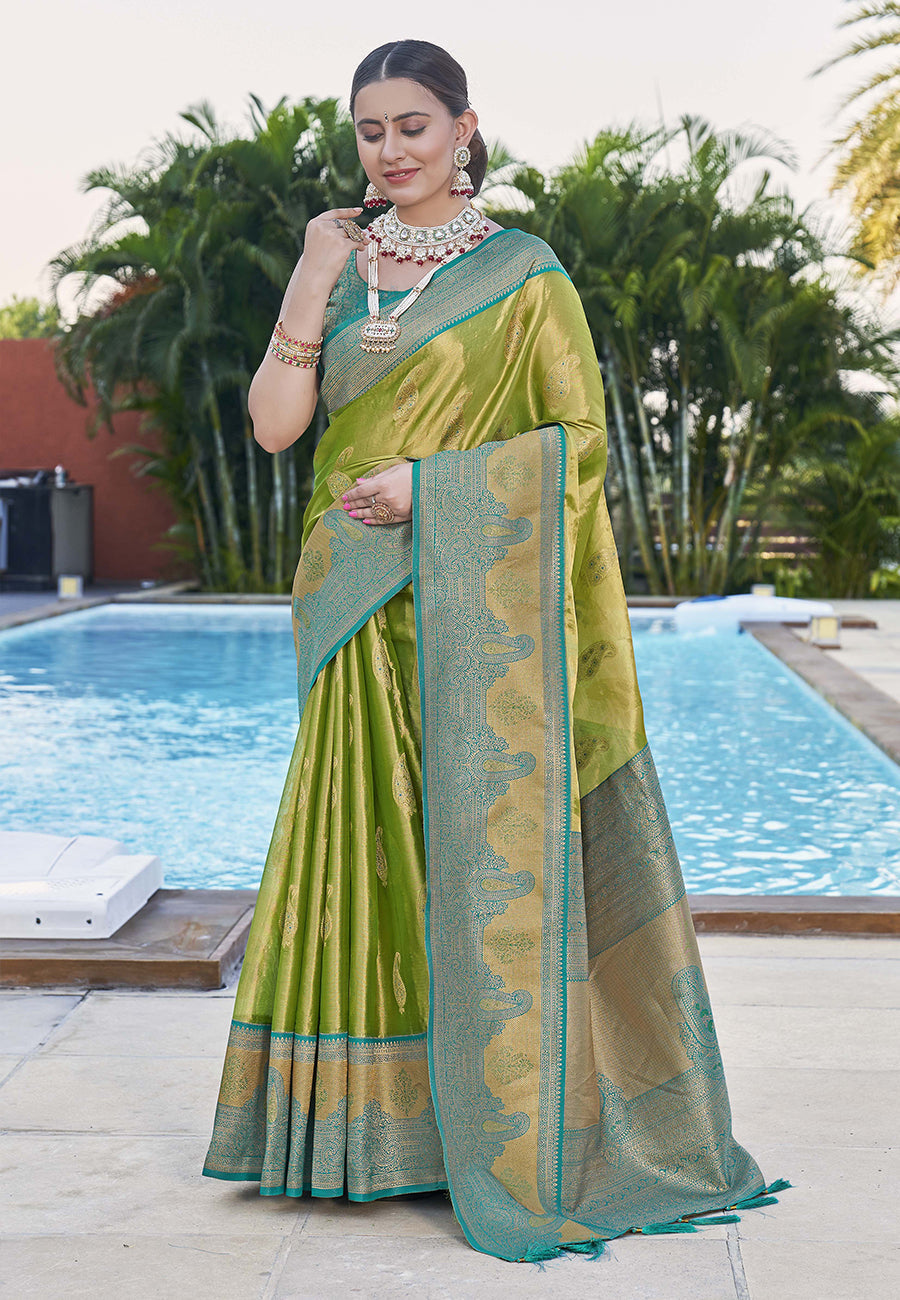 Olive Green Pure Tissue Zari Woven Saree