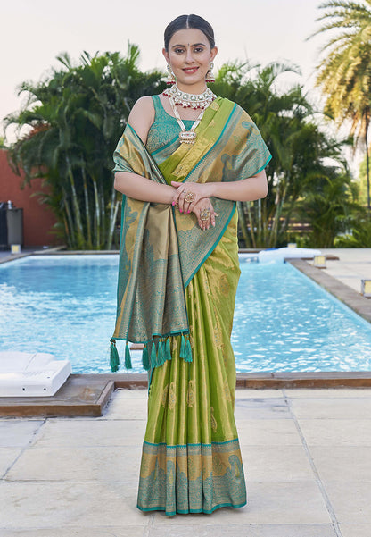 Olive Green Pure Tissue Zari Woven Saree