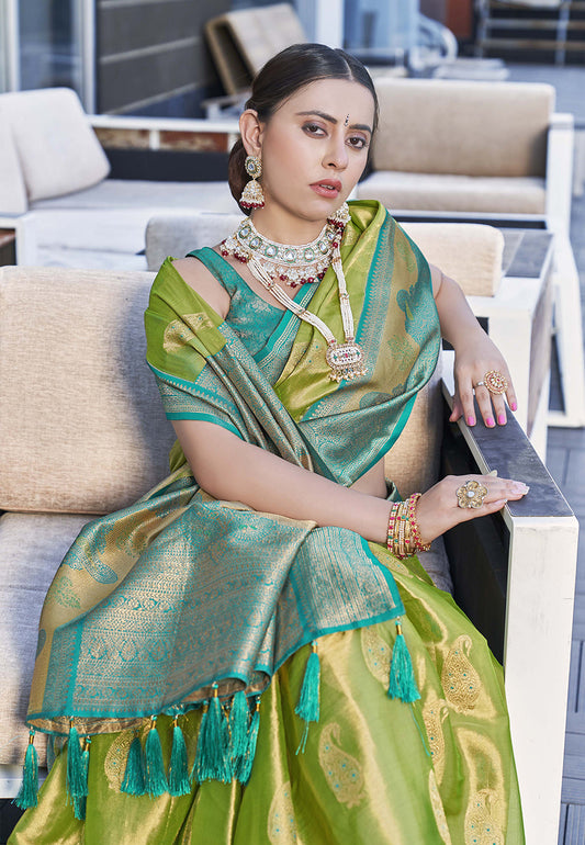 Olive Green Pure Tissue Zari Woven Saree
