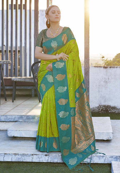 Icky Green Soft Silk Contrast Zari Woven Saree