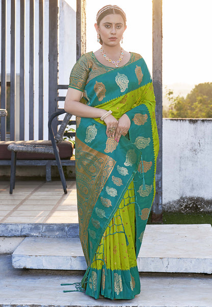 Icky Green Soft Silk Contrast Zari Woven Saree