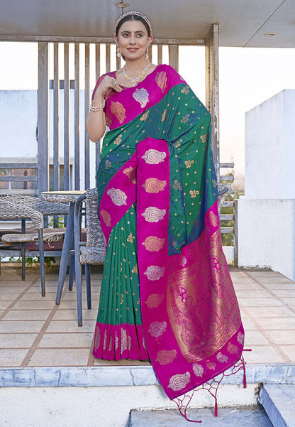 Green Soft Silk Contrast Zari Woven Saree