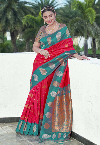 Raspberry Pink Soft Silk Contrast Zari Woven Saree