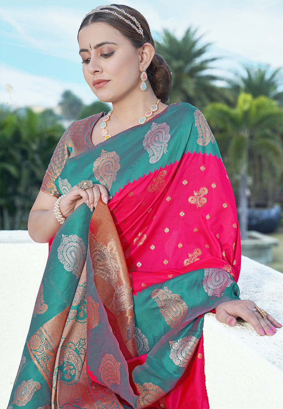 Raspberry Pink Soft Silk Contrast Zari Woven Saree