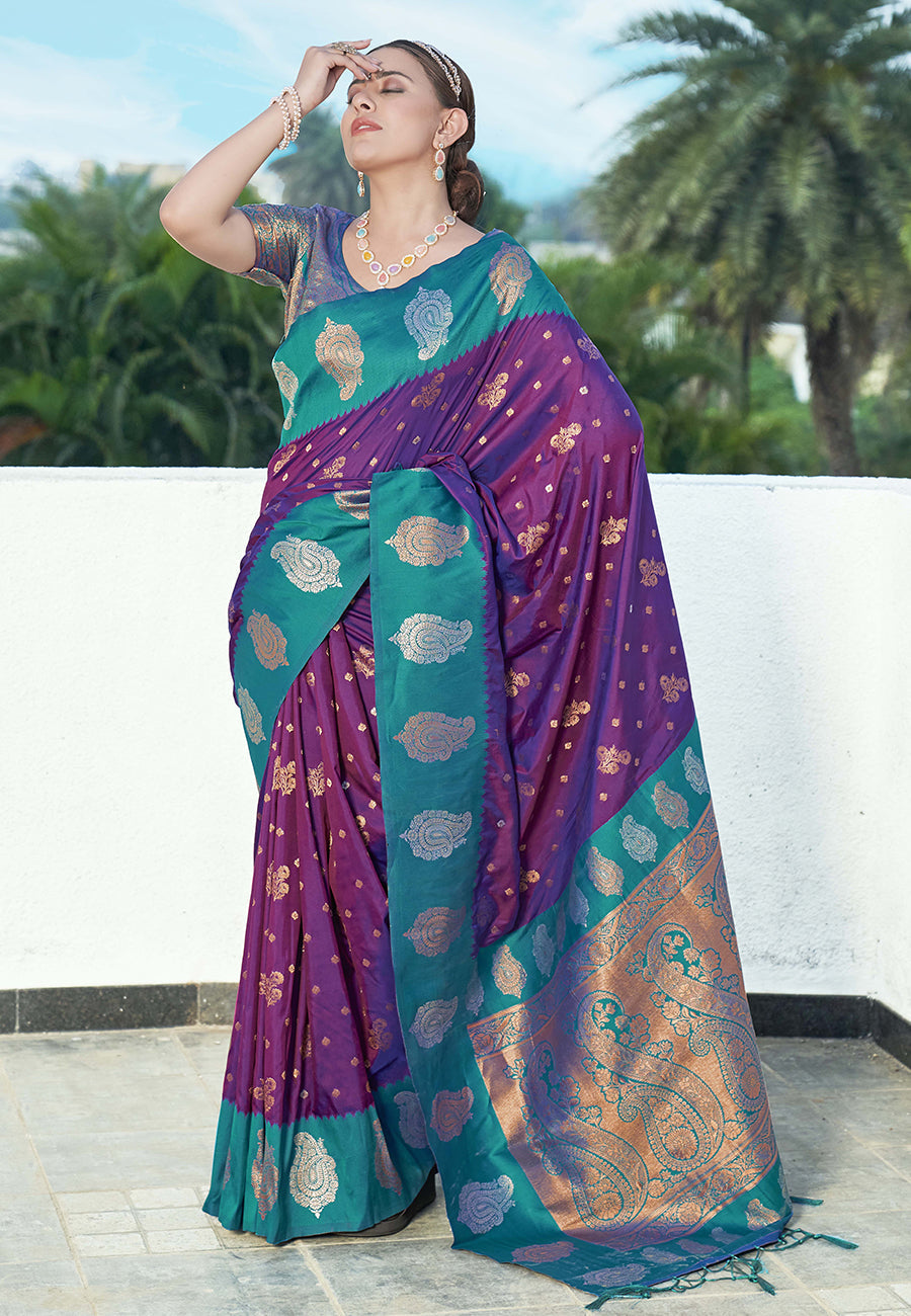 Warm Purple Soft Silk Contrast Zari Woven Saree