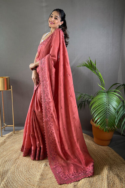 Carrot Red Matka Soft Silk Saree with Floral Cutwork Border
