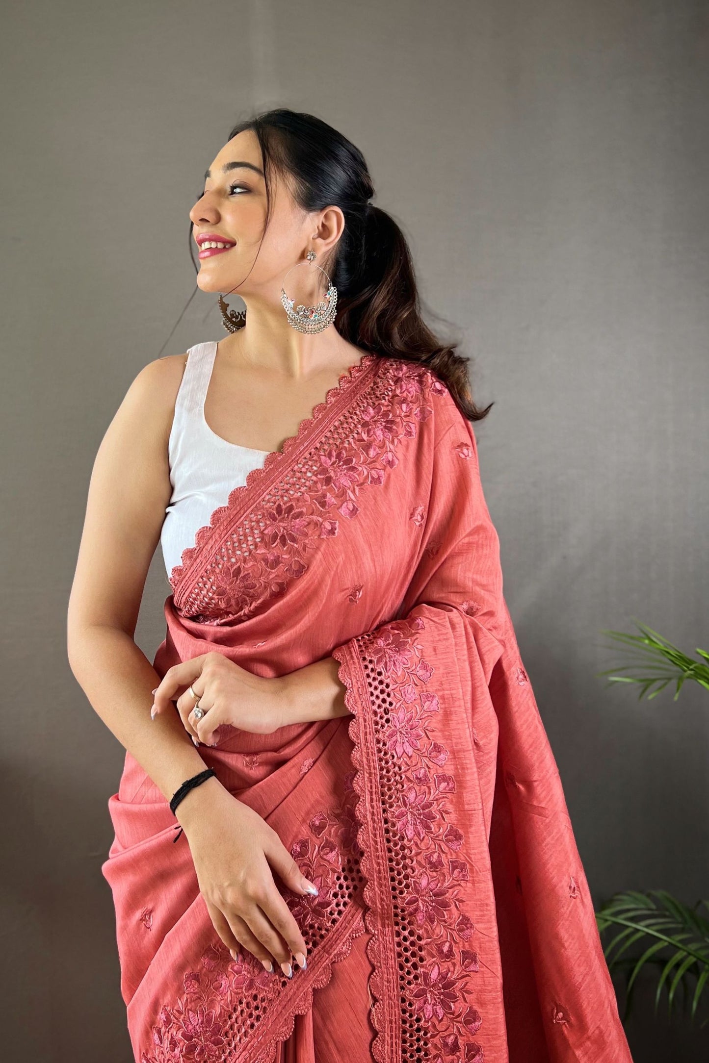 Carrot Red Matka Soft Silk Saree with Floral Cutwork Border