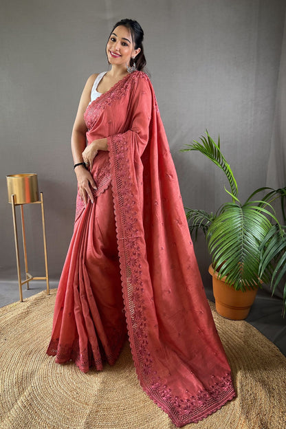 Carrot Red Matka Soft Silk Saree with Floral Cutwork Border