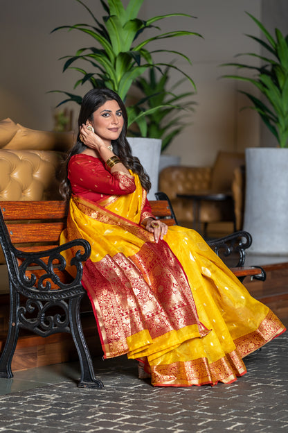 Squash Yellow Banarasi Tissue Silk Saree
