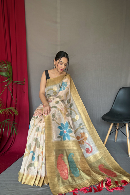 Tan Yellow Chanderi Silk Digital Print Saree