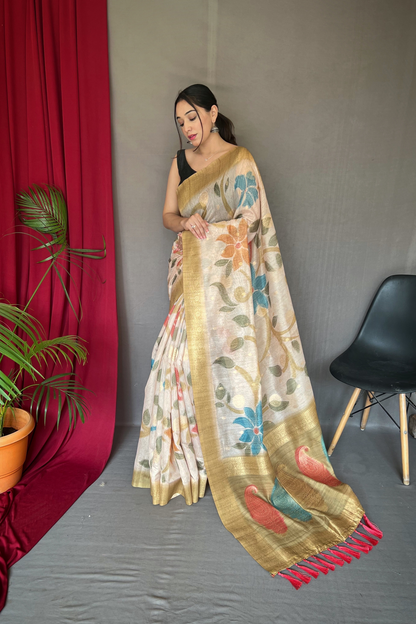 Tan Yellow Chanderi Silk Digital Print Saree