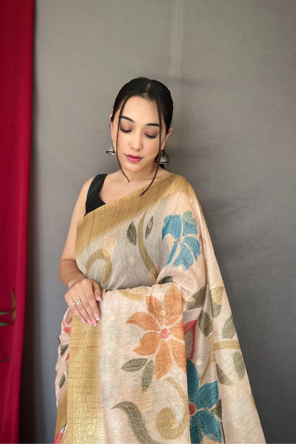 Tan Yellow Chanderi Silk Digital Print Saree