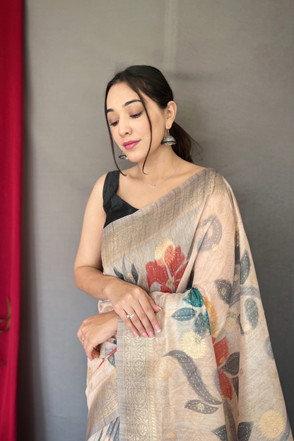 Grey Chanderi Silk Digital Print Saree