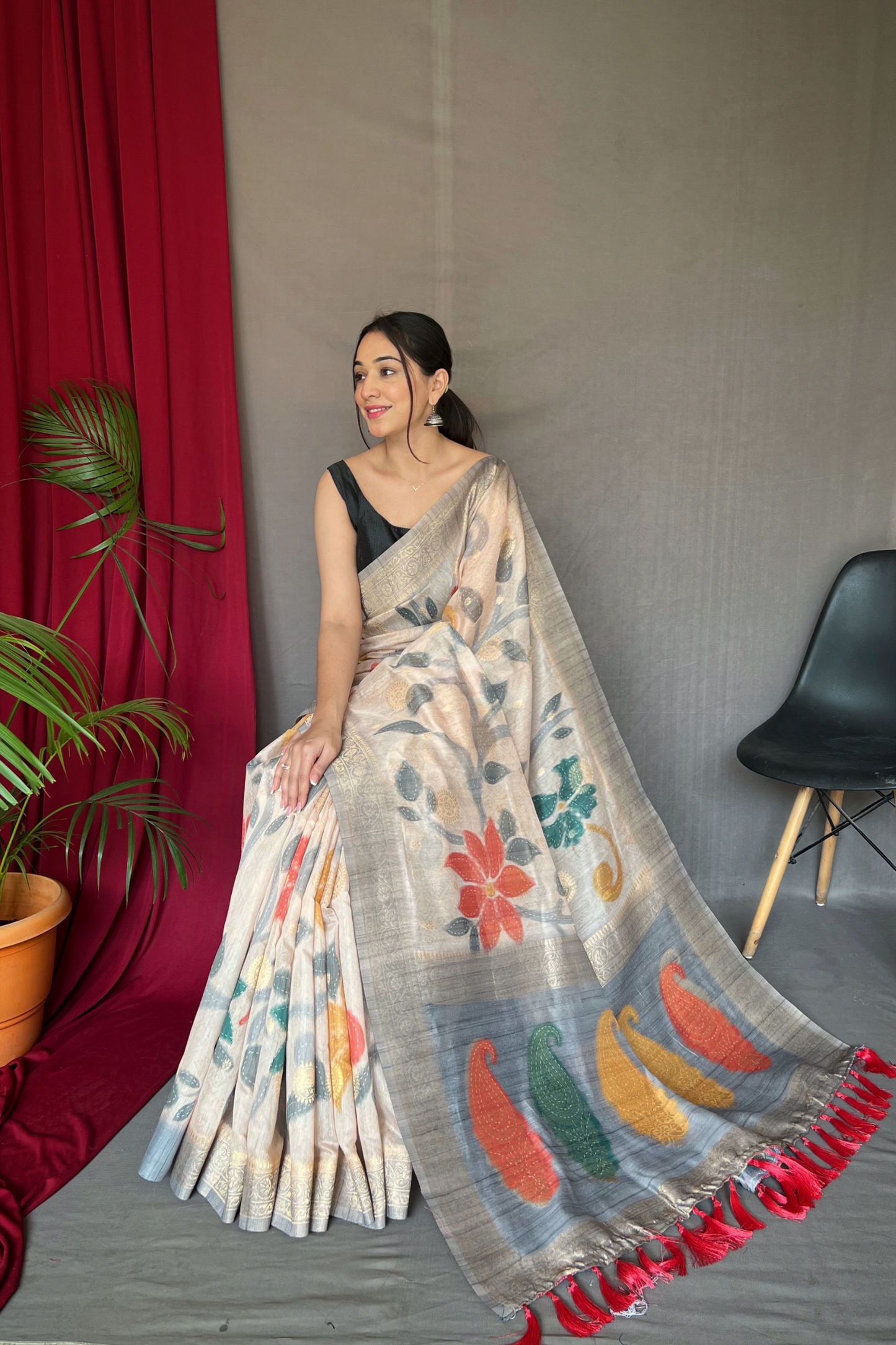 Grey Chanderi Silk Digital Print Saree