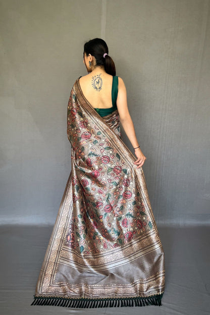 Steel Grey Soft Silk Saree with Kalamkari Fusion Print