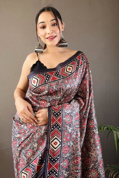 Grey Digital Printed Silk Saree