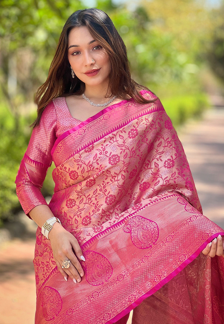 Pink Kanchipuram Silk Jaal Traditional Rich Zari Woven Saree