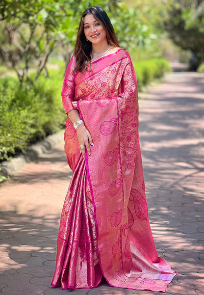 Pink Kanchipuram Silk Jaal Traditional Rich Zari Woven Saree