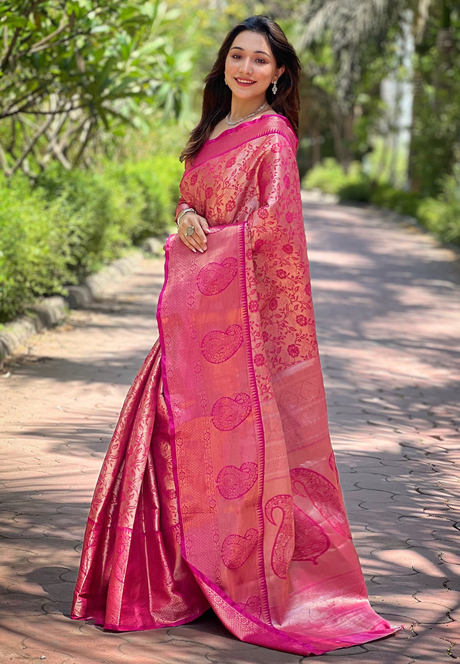 Pink Kanchipuram Silk Jaal Traditional Rich Zari Woven Saree