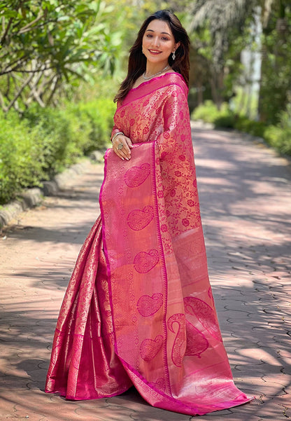 Pink Kanchipuram Silk Jaal Traditional Rich Zari Woven Saree