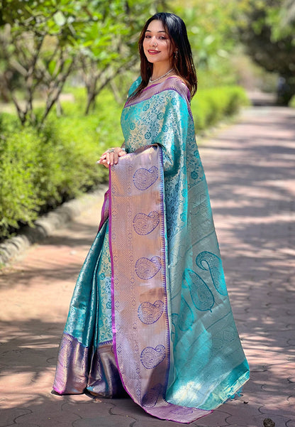 Sea Green Kanchipuram Silk Jaal Traditional Rich Zari Woven Saree