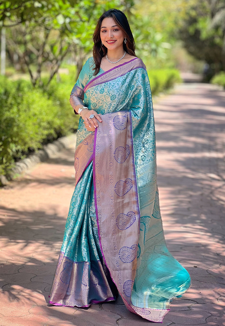 Sea Green Kanchipuram Silk Jaal Traditional Rich Zari Woven Saree