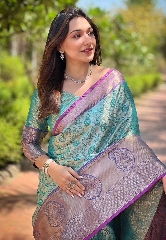 Sea Green Kanchipuram Silk Jaal Traditional Rich Zari Woven Saree