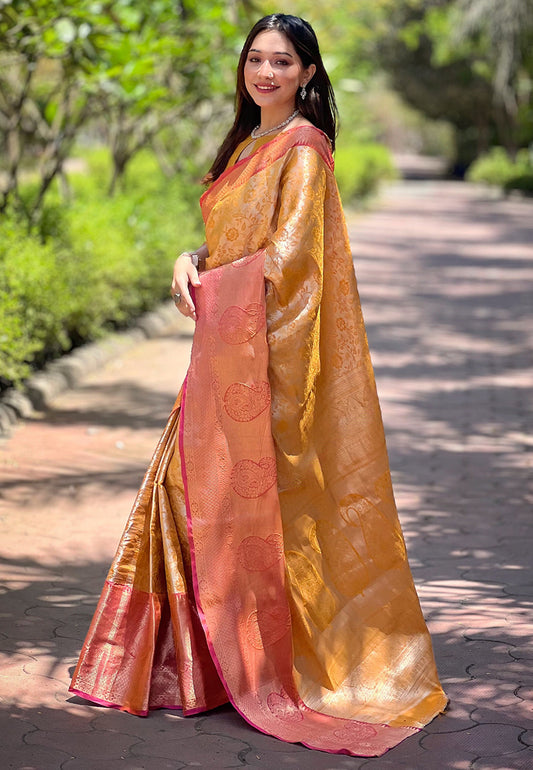 Deep Saffron Kanchipuram Silk Jaal Traditional Rich Zari Woven Saree