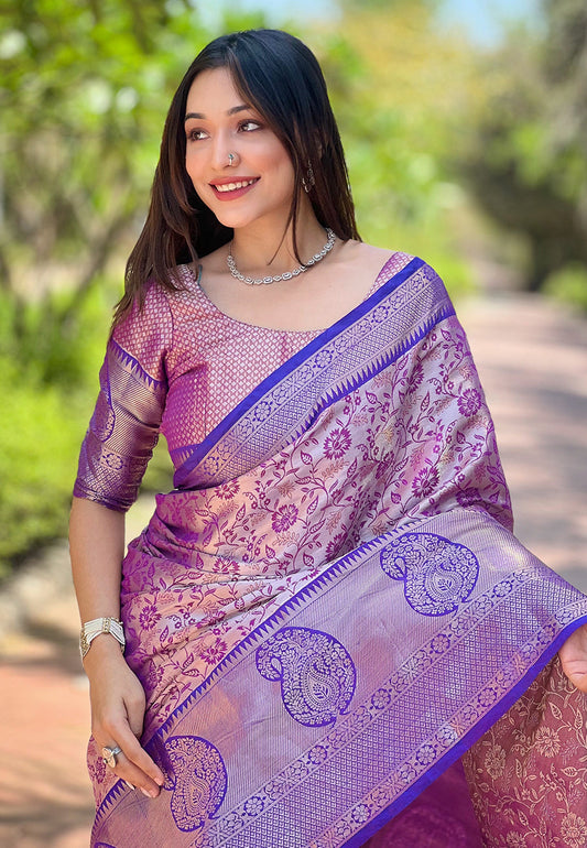 Purple Kanchipuram Silk Jaal Traditional Rich Zari Woven Saree