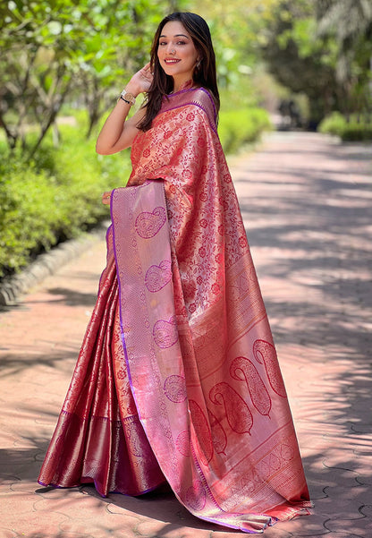 Red Kanchipuram Silk Jaal Traditional Rich Zari Woven Saree