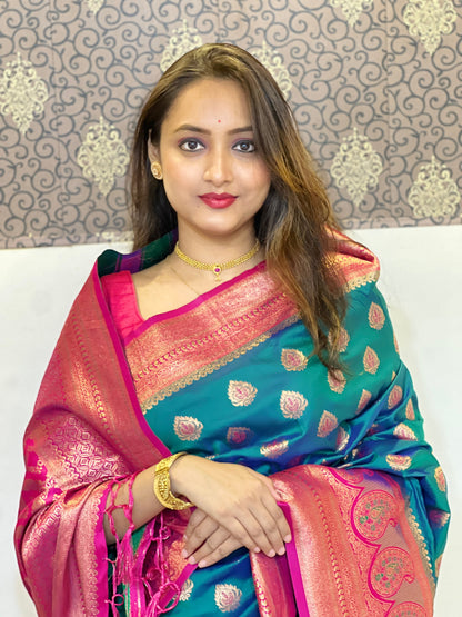 Green Pink Soft Silk Contrast Zari Woven Saree