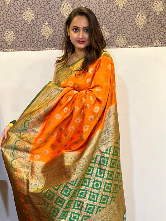 Orange Soft Silk Contrast Zari Woven Saree