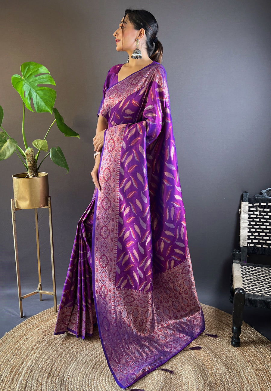Purple Soft Silk Paan Triple Zari Woven Saree